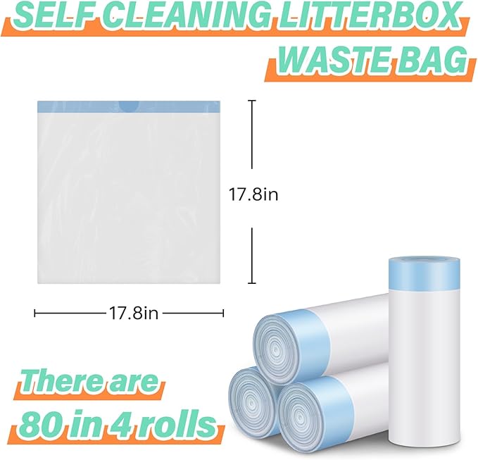 Cat Litter Bags, 80 Pieces Litter Box Liners for Automatic Cat Litter Box Self Cleaning, 4 Rolls 18 x 18 inches Robot Drawstring Bags, White