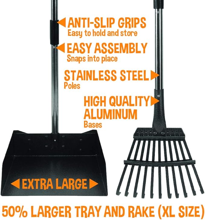 Bodhi Dog Pooper Scooper for Large Dogs - Heavy Duty Metal Poop Scoop w/Long Handle Tray & Rake - Dog Poop Scooper for Yard, Grass, Street, Gravel & Outdoor Areas - Pet Waste Cleanup Tool