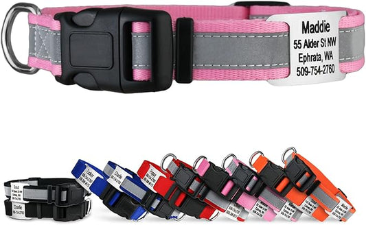 GoTags Reflective Personalized Dog Collar with Nameplate, Adjustable Dog Collar with Custom Engraved Steel Slide On Pet ID Tag, Silent, No Noise Dog Tag for Large Medium or Small (Pink, Small)