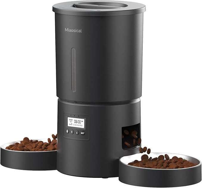 Dual Automatic Cat Feeder 2 Cats,6 Meals/Day,12 Portions/Meal,4.2L Dual Power Double Bowls Feeder,Dry Food Auto Pet Dispenser,10S Voice Record,Flexible Schedule Timer (Black,Stainless Dual Bowls)