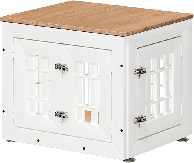 26" Heavy Duty Dog Crate Furniture for Small,Medium and Large Dogs,Rustic Wooden Dog Cage Kennel Indoor Furniture with Waterproof Top,Decorative Pet House Side End Table (White & Wood)