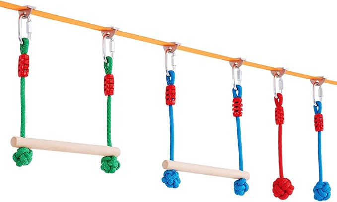 VEVOR Ninja Warrior Obstacle Course for Kids, 2 x 50 ft Weatherproof Slacklines, 500lbs Weight Capacity Monkey Line, Outdoor Playset Equipment, Backyard Toys Training Equipment Set with 12 Obstacles