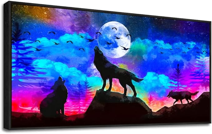 Framed Canvas Wolf Landscape Painting Canvas Wall Art For Living Room Bathroom Wall Decor For Bedroom Kitchen Artwork Canvas Art Prints Modern Office Home Decorations Blue Starry Sky Hang Pictures