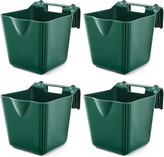 4 Pack 15 Quart Horse Feeders for Stall Hook Over Hanging Fence Hay Feeder Mountable Livestock Plastic Feed Bucket for Farm Stalls Pasture, Stable to Feed Horses Sheep Cattle Cows Etc(Green)