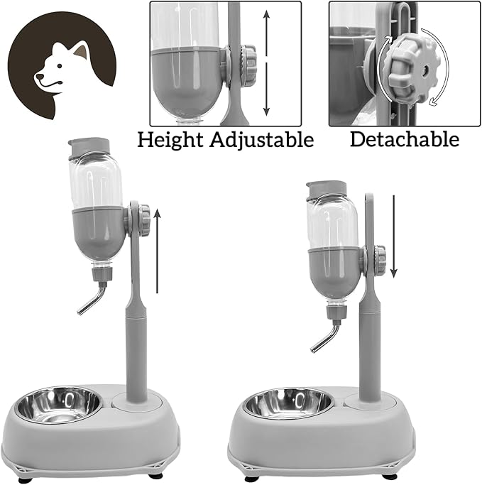 Fhiny Dog Water Feeder Bottle with Stand, Dispenser Automatic Water Food Bowl for Cage Leak-Proof No-Drip Adjustable Raised Pet Slow Water Bottle Dog Kennel Durable Drinker Container