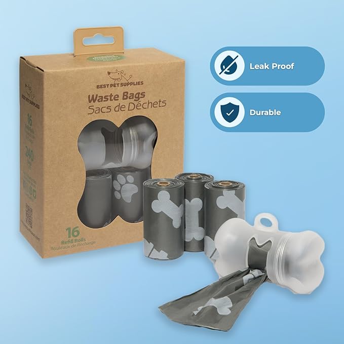Best Pet Supplies Dog Poop Bags (240 Bags) for Waste Refuse Cleanup, Doggy Roll Replacements for Outdoor Puppy Walking and Travel, Leak Proof and Tear Resistant, Thick Plastic - Gray