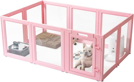 DIY Clear Acrylic Dog Playpen House,Quick Easy Assembly and Disassembly,Strong Floor Suction,Indoor and Outdoor Use,Easy Cleansing Puppy Fence (Sakura Pink, 23.6" H, 10PCS)