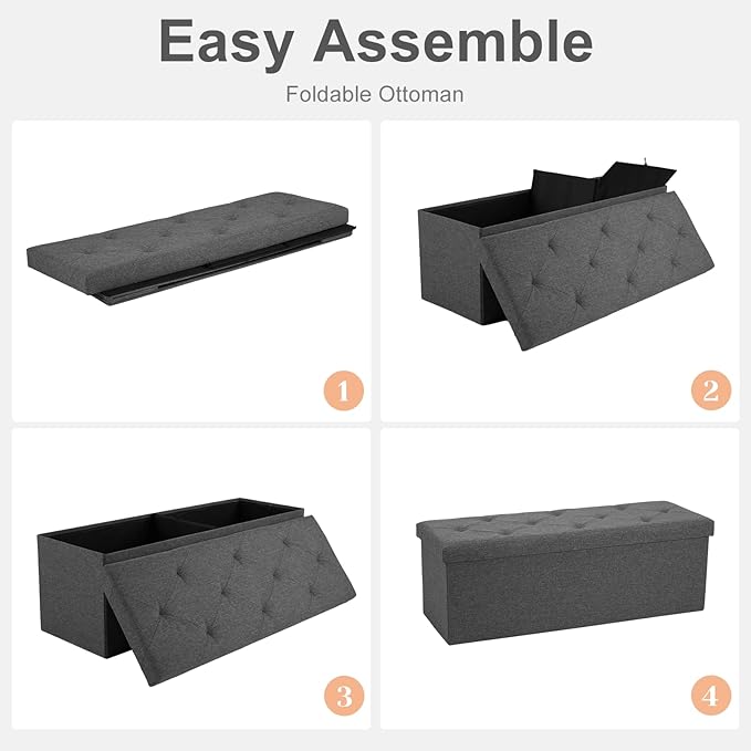 Sweetcrispy 43in Foldable Storage Ottoman Bench, Foot Rest Stool Storage Chest with Padded Seat, End of Bed Bedroom Bench for Living Room, Support 660lbs, Dawn Grey