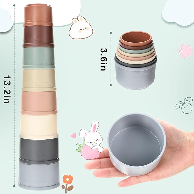 MEWTOGO 8 Pcs Stacking Cups for Bunny - Multi-Colored Reusable Rabbits Bunny Toys of Different Sizes, Safe Plastic Nesting Toys for Guinea Pig Hamster Gifts Hiding Food and Playing