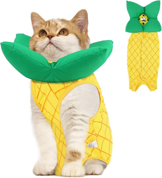 EMUST Cat Recovery Suit and Cat Cone Collar Set, Soft kittens Onesie for Cats After Surgery Female, Cute Kitten Surgery Recovery Suit Female, Cone of Shame Alternative for Kittens Under 4lb, Yellow, S