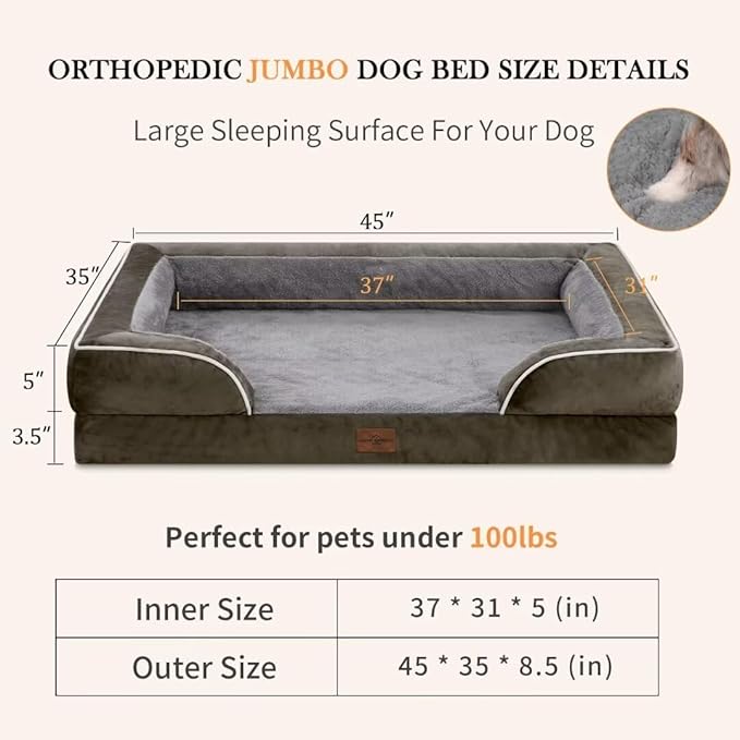 Comfort Expression Orthopedic Dog Beds for Extra Large Dogs, Memory Foam Dog Beds Jumbo Breed, Waterproof Dogs Beds with Bolster & Removable Cover(Olive Green)
