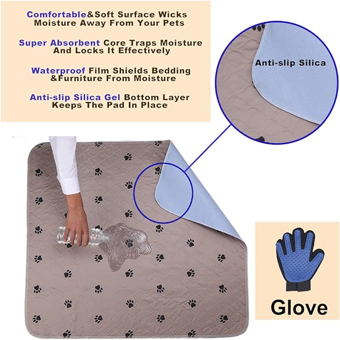 SincoPet Washable Dog Pee Pads with Puppy Grooming Gloves,Puppy Pads,Reusable Pet Training Pads,Large ,Waterproof Pet Pads for Dog Bed Mat,Super Absorbing Whelping Pads,41x41 Inch (Pack of 2)