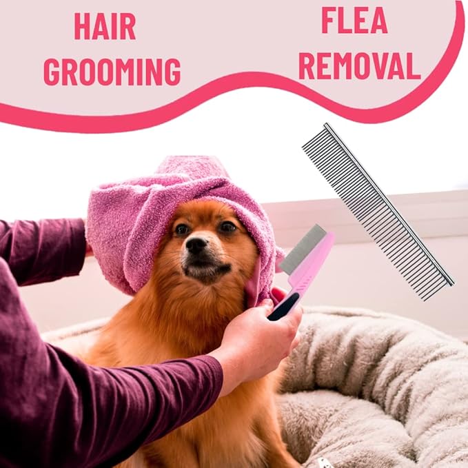 Dog Grooming Kit - Deshedding Brush for Short Hair, Slicker Brush, Flea Comb, Puppy Brush Set in Pink
