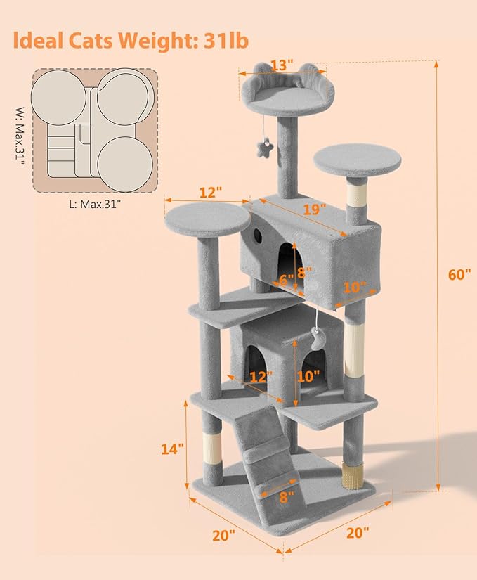 60'' Cat tree Tower for Indoor Cats Large Adult,Cute/Tall Modern Cat Tree for Big Cats 20 lbs,Plush Multi-Level Cat Condo with Scratching Posts,Dangling Ball for fun play(Light Gray, 60 inch)