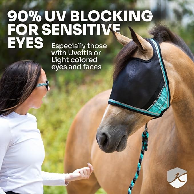 Kensington 90% UV Fly Mask Halter CatchMask UViator - Without Ears & Forelock Freedom Web Trim *Roomy Fit*- Large, Atlantis