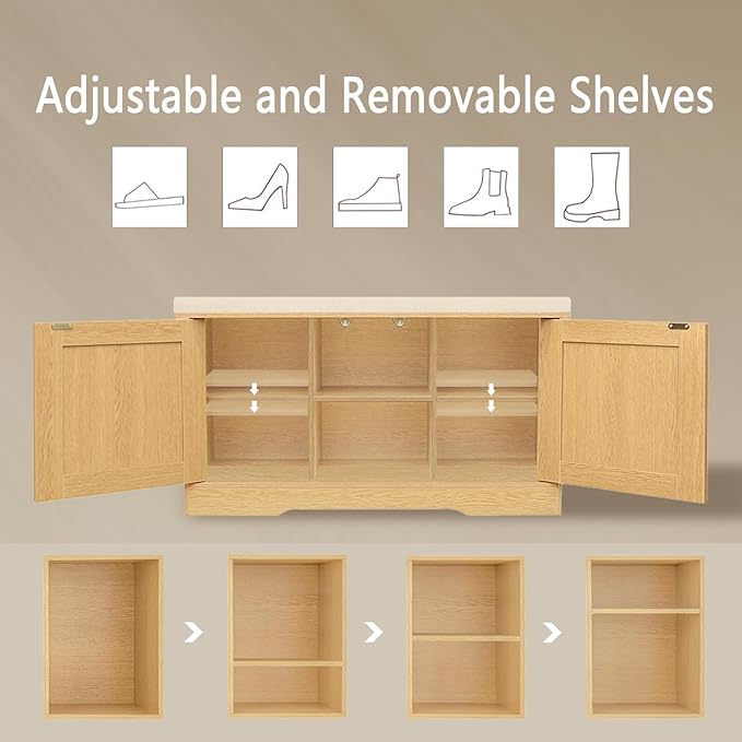 DINZI LVJ Shoe Bench, Entryway Storage Bench with Doors, Cushion, 2-Tier Shoe Rack with 6-Cubby, 31.5”L x 13.8”W Shoe Organizer Cabinet, Adjustable Shelf, Living Room, Bedroom, Natural