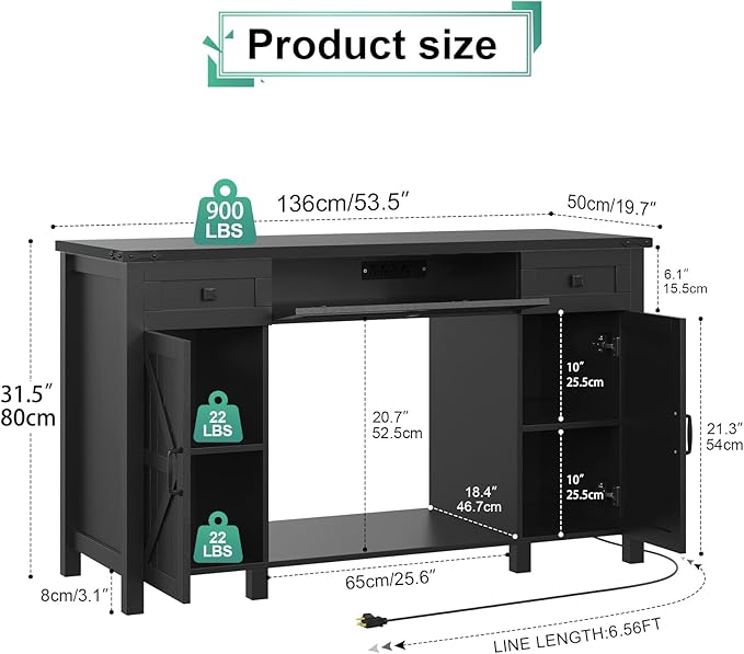 55-75 Gallon Aquarium Stand With Charging Station, Farmhouse Fish Tank Stand, Reptile Tank Stand Terrarium Stand with Drawer and Cabinet Storage, Sturdy Heavy Duty 53.5"×19.7" Tabletop - Black