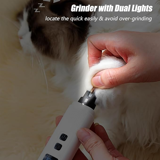 Dog Nail Grinder - 2-Speed Super Quiet and Low Vibration Electric Pet Nail Grinder - Rechargeable Dog Nail Trimmers for Small Dogs- Cat Nail Claw Clippers with 2 Level LED Lighting(White)