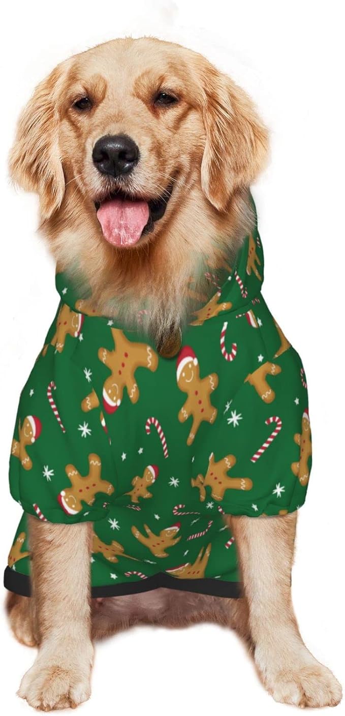Green Christmas Gingerbread Men Candies Hoodie,Christmas Cosplay Dog Clothes with Pocket and Hat Winter Clothes Sweaters X-Small
