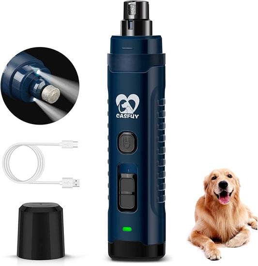 Casfuy Dog Nail Grinder with 2 LED Light - 4.8V Super Powerful 2-Speed Electric Pet Nail Trimmer for Medium Large Dogs Quiet Rechargeable Painless Paws Grooming & Smoothing Tool (Dark Blue)
