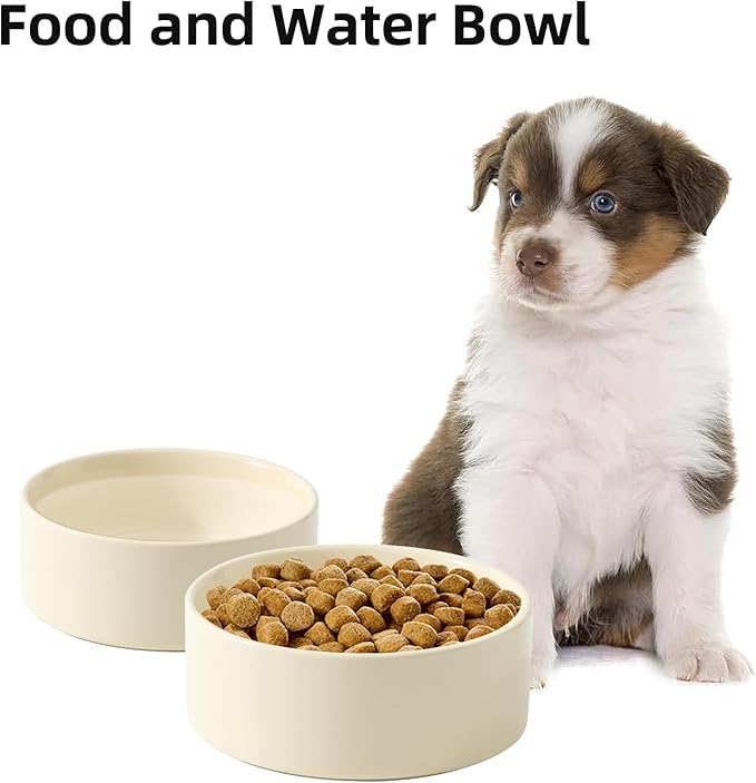 Ceramic Set of 2 Dog Bowls, Food and Water Bowls for Dogs, Puppy, 2pcs Pet Dishes(6inch, 2 x Beige Bowls)