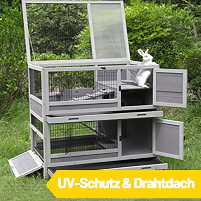 Aivituvin Rabbit Hutch Rabbit Cage Outdoor & Indoor on Wheels Bunny cage with Deep No Leak Pull Out Tray,Upgrade Version (Gray)