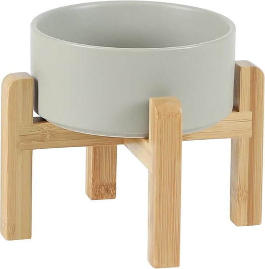 Ceramic Raised Dog and Cat Bowl Set, 2 Heights Elevated Stand, Food and Water Bowl for Small Breed Dogs, Weighted Dog Dishes, Pet Bowl(6.1'',28.7oz, Grey)