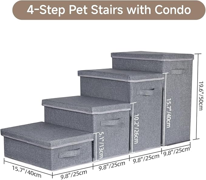 Dog Stairs with Storage, 4-Step Folding Pet Steps for Small Dogs and Cats, Pet Steps Storage with Zip, Pet Stairs for High Bed, Couch and Car Ramp (Gray, 4 Steps no Condo)