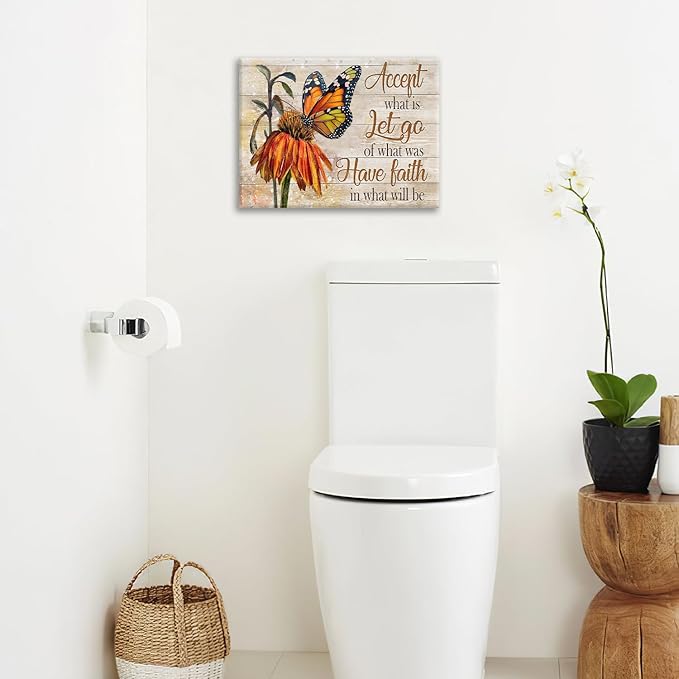 Farmhouse Butterfly Bathroom Pictures Wall Art, Rustic Floral Country Bathroom Wall Decor, Daisy Inspirational Framed Painting Canvas Artwork for Bedroom Living Room Decorations 16"L x 12"W