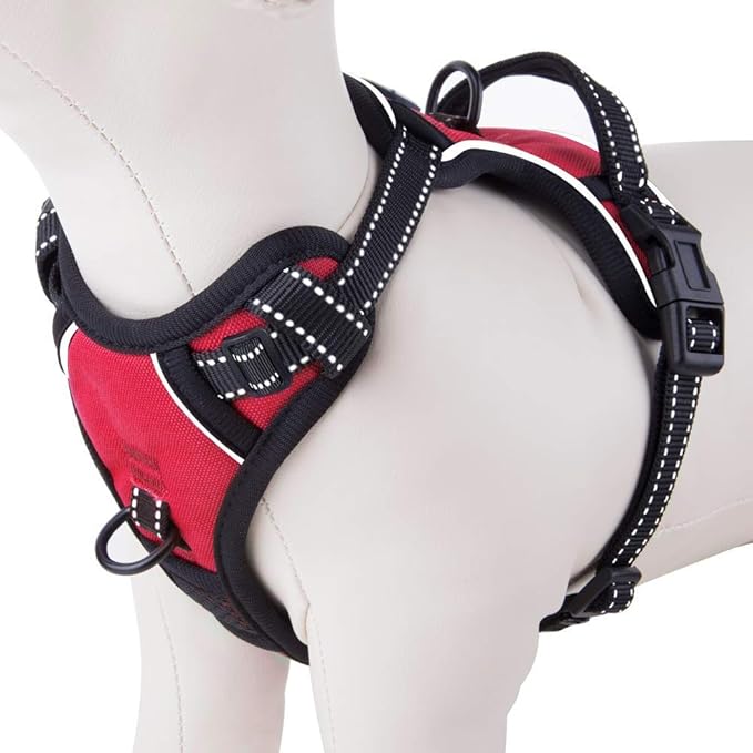 PHOEPET No Pull Dog Harness Medium Reflective Front Clip Puppy Vest with Handle,Adjustable 2 Metal Leash Attachment Hooks(M, Red)