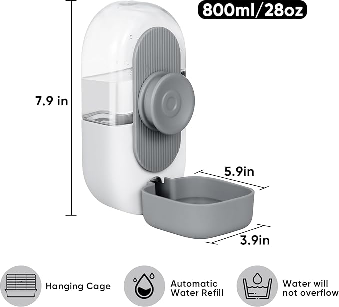 28oz Hanging Automatic Water Dispenser，Rabbit Water Bottle,Bunny Guinea Pig Ferret Water Bowl for Cage,Suitable for Small Animal Puppies(Cage Grid Spacing Over 1.2'') (Gray)