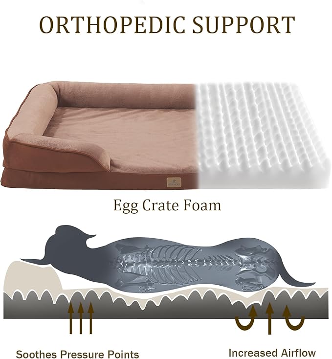 Bedfolks Orthopedic Dog Bed XL, Waterproof Dog Sofa Bed for Extra Large Dogs, Egg Foam Pet Couch Bed with Removable Washable Cover and Nonslip Bottom, Brown