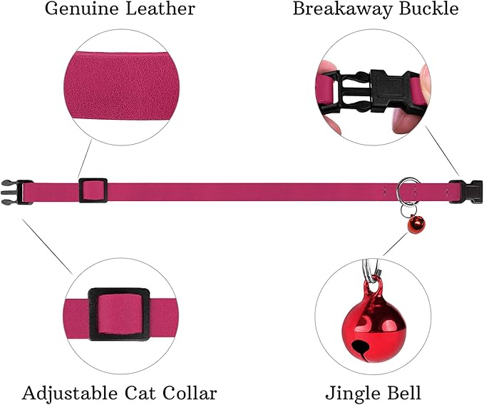 Breakaway Cat Collar Leather with Removable Bell - 13 Colors Available - Soft Adjustable Girl Boy Safety Lightweight Pet Kitten Collars Pink Brown Blue Green Red Orange Black (Pink)