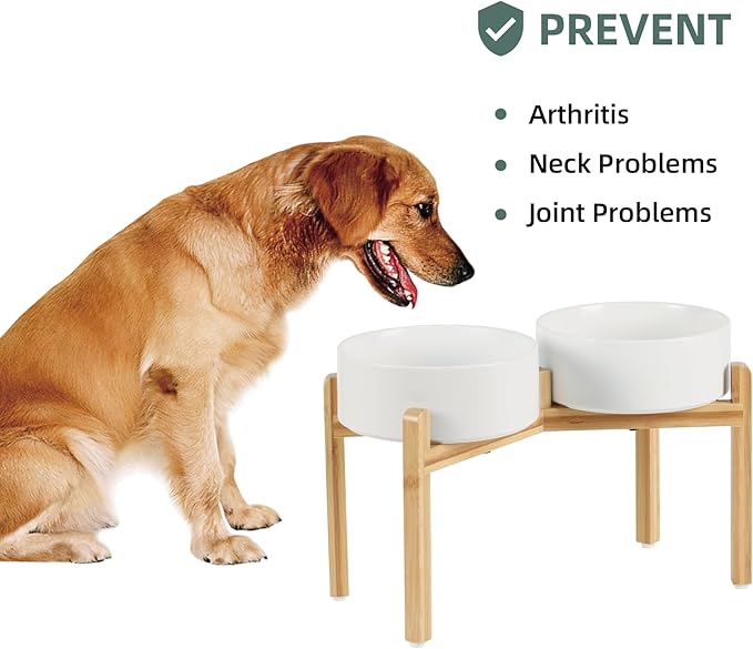 Ceramic Raised Double Bowls Set with Stand, Food & Water Bowls for Large Breed Dogs, Weighted Dog Dishes, Pet Bowl(8.2'',60OZ, White)