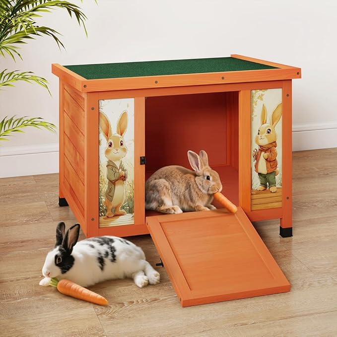 COZIWOW 24in Wooden Cat House Outdoor & Indoor Pet Shelter with Foldable Ramp - Weatherproof Rabbit Hutch with Unique Machine-Printed Art Designs for Cat, Rabbit, Guinea Pig (Orange)