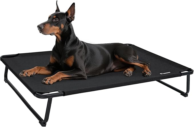 Elevated Dog Beds, Extra Large Raised Dog Cots Outdoor Cooling Dog Bed Waterproof Stable and Easy Assembly, Teslin Fabric with 1.2mm Thick Iron Frame, Breathable, Ultra-Sturdy，Black, 54*37*8.7