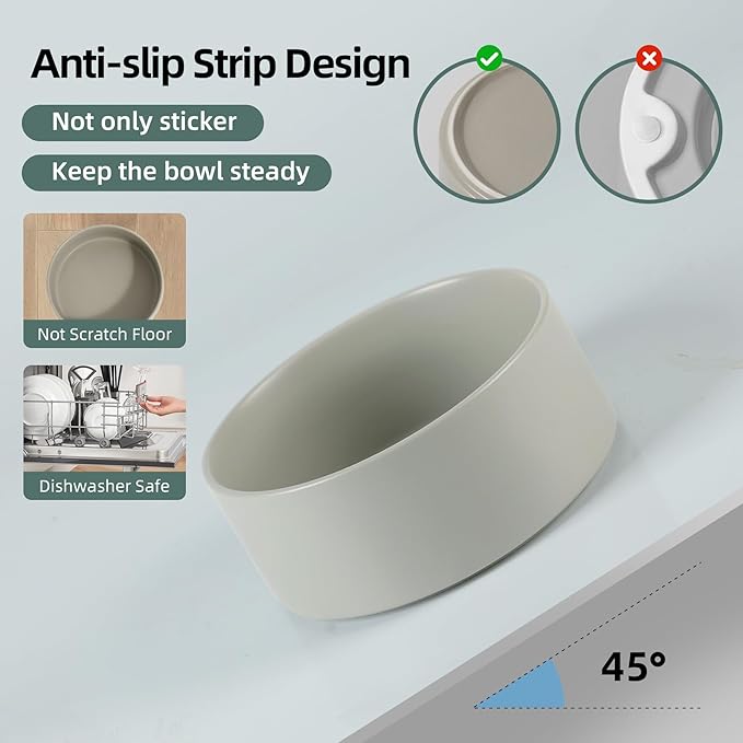 Ceramic Raised Double Bowls Set with Stand, 2 Heights Elevated, Food & Water Bowls for Small Breed Dogs, Weighted Dog Dishes, Pet Bowl(6.1'',28.7oz, Grey)