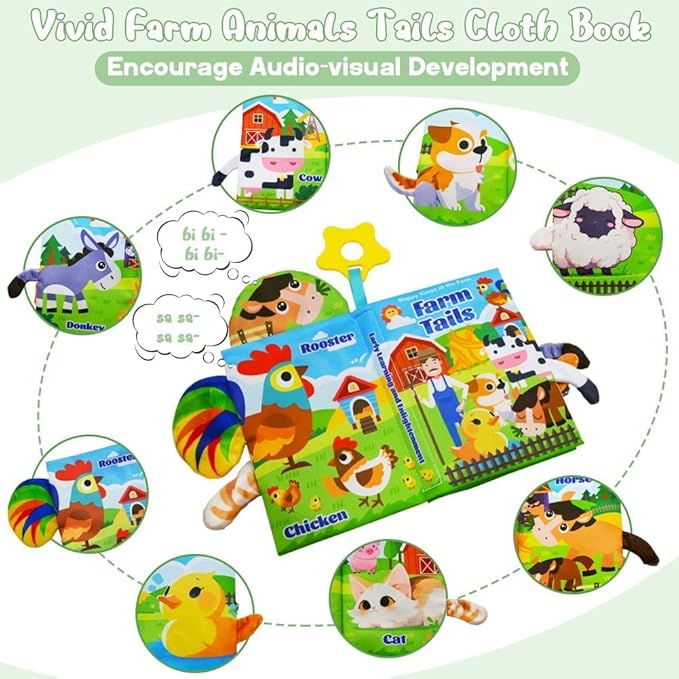 Big Musical Red Barn Toy Farm Animal Finger Puppets for 1 2 3 4 5 Years Old, Animal Figures Playset with Farm Tails Baby Book, Sensory Learning Toys Gift for Toddlers Boys Girls