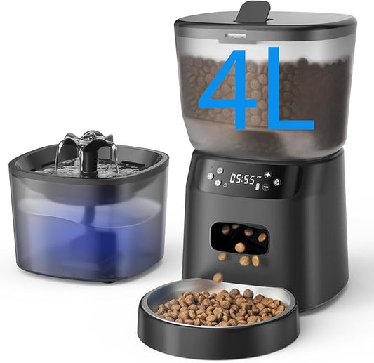 Automatic Cat Feeder and Water Fountain, 4L/16 Cups Timed Cat Dry Food Dispenser, 10s Meal Call, 20 Portions 6 Meals Per Day, 2L Cats Fountains for Drinking with Filter, Pet Feeder for Dog Black