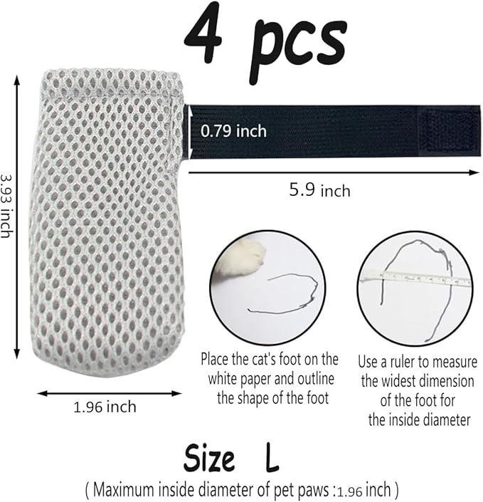 4 PCS Cat Mittens to Prevent Scratching,Mesh Breathable Cat Shoes,Adjustable Cats Anti Scratch Gloves,Suitable for Cats When Bathing and Nail Trimming (Grey, L)
