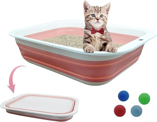 Foldable Cat Litter Box Open Potty Pan Portable Collapsible Cats Litter Boxs Travel Kitten Pan with Scoop Waterproof Low Entrance for Kitten and Easy Clean 17.7"×13.4"x4.9"(Pink)