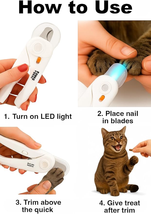 Cat Nail Clipper & Small Dog Nail Clippers with LED Light - Illuminates Nails & Bloodline for Safe, Easy Trimming - Extra Sharp, Avoid Over-Cutting - Essential Cat Supplies, White