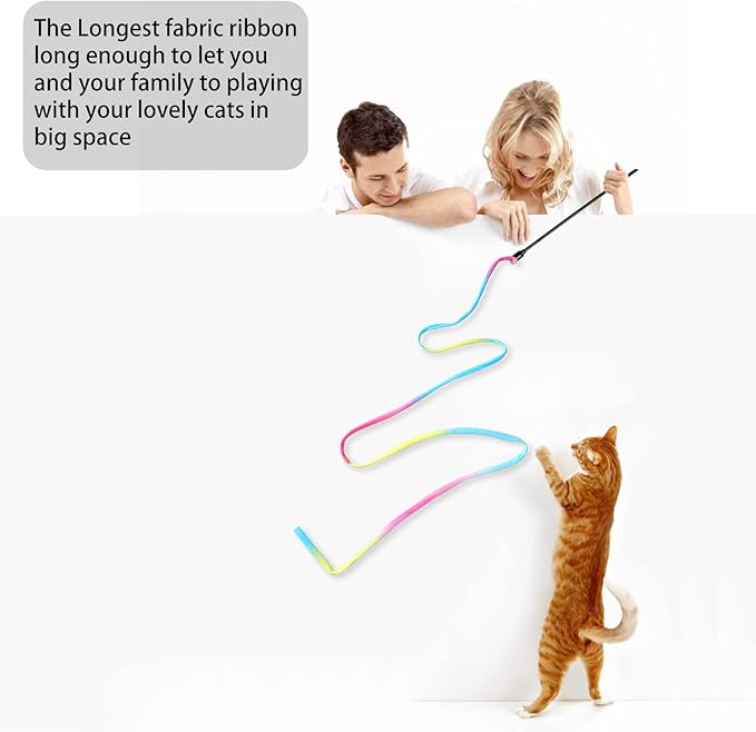 Cat Wand Toys Interactive Kitten Toys for Indoor Cats Colorful Teaser Wand String for Exercise Kitten Stick Kitty Rope Toy Rainbow Ribbon Cat Charmer -2Pcs