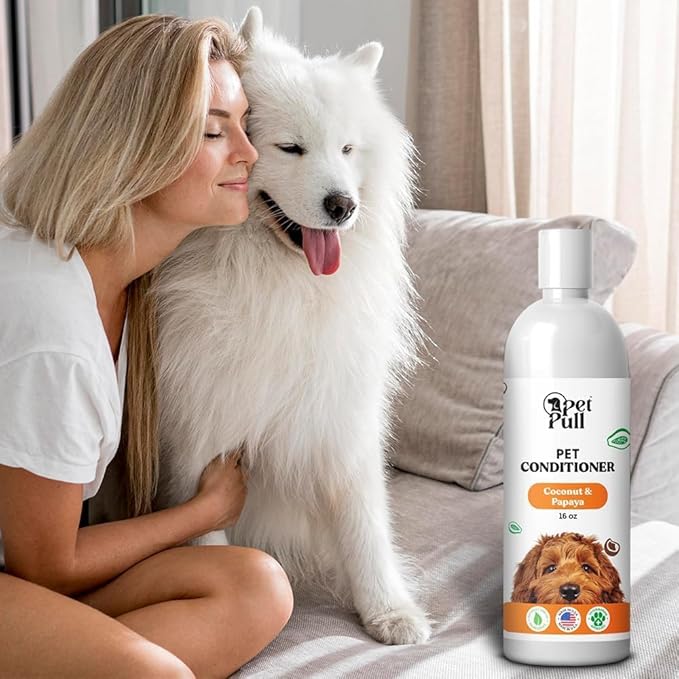 Dog Conditioner Puppy Essentials - Moisturizing Conditioner for Dogs with Coconut and Papaya Scent - Plant Based Dog Bath Supplies Detangle and Revive Pet's Coat - Made in USA (16 Oz)