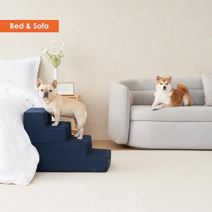 EHEYCIGA Dog Stairs for Bed 20" H, 4-Step Extra Wide Dog Steps for High Bed, Pet Steps for Small Dogs and Cats, Non-Slip Balanced Pet Ramp Indoor, Navy Blue