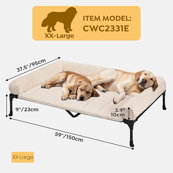 Veehoo Cooling Elevated Dog Bed with Fluffy Plush Bolster Cushion, Indoor Raised Dog Beds for Large Dogs, Soft Pet Sofa Cot with Removable Washable Mat, No-Slip Feet, 59 x 37 inches, Cream White