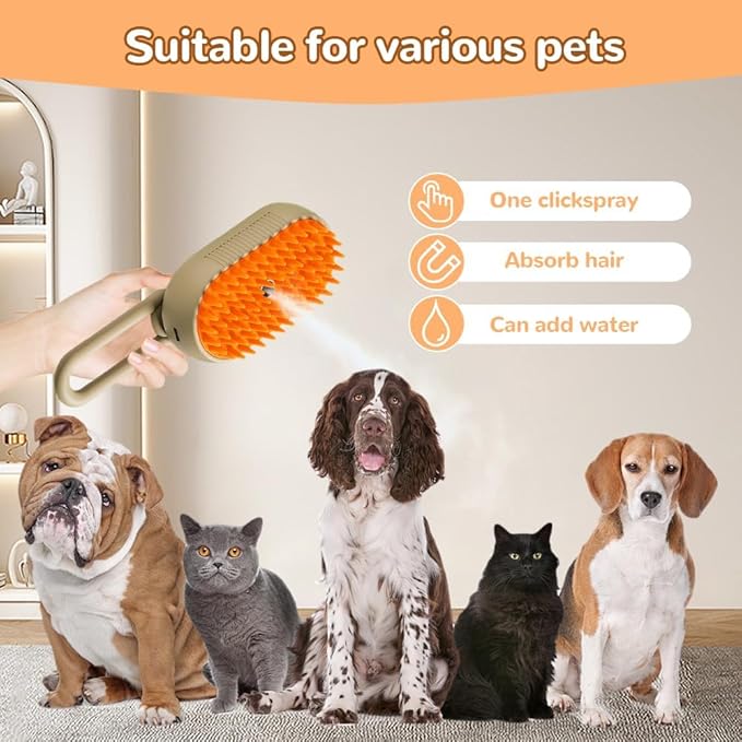 Cat Steam Brush 2025 New Pet Steam Groomer Comb, Painless Grooming Massage, 3 In 1 Water Brush for Cats Dogs (Khaki)