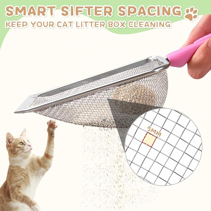 Cat Litter Scoop,Sturdy Litter Cleaner Corner Shovel,2Pcs Stainless Steel Mesh Litter Shovel,Easy to Clean Reptile Terrarium Sand Waste,Beach Shovel(Pink)