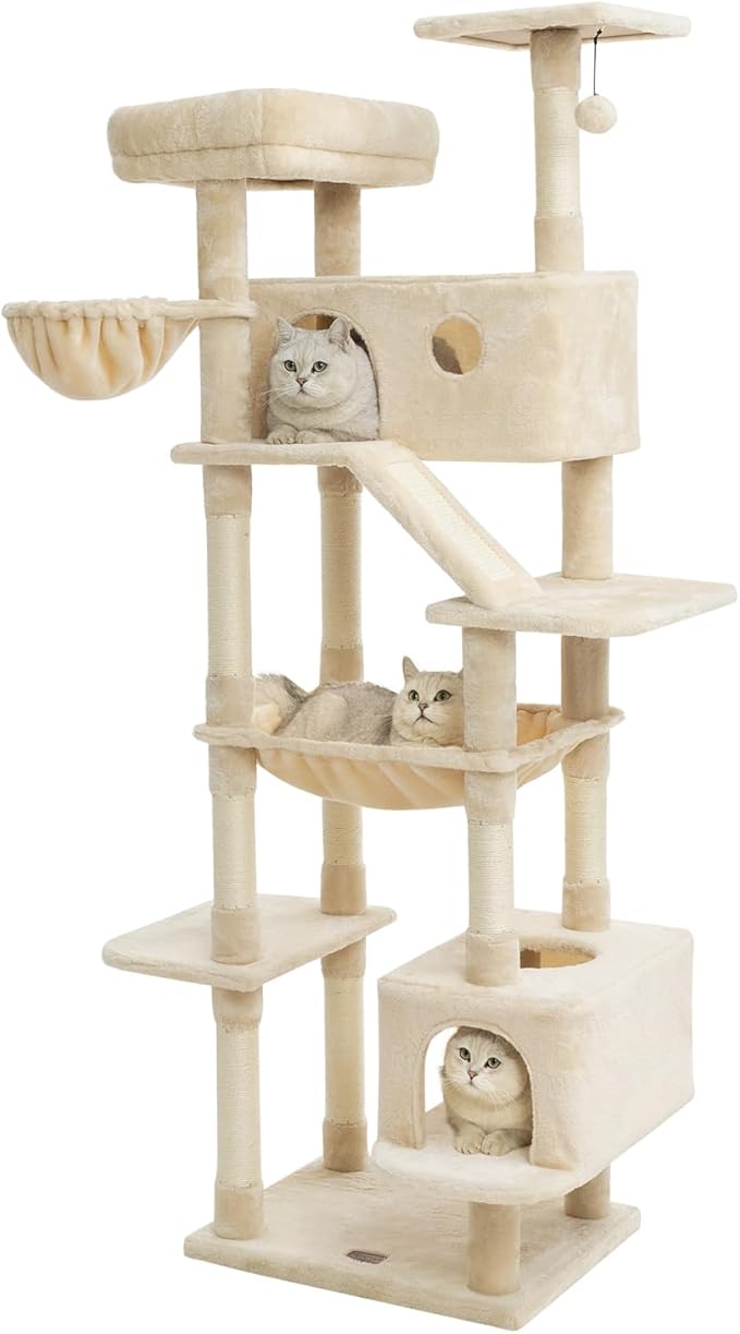73 inches Large Cat Tree for Indoor Cats, Tall Cat Tower with Sisal Scratching Posts and Pads, Padded Plush Perch, Cozy Basket, Plush Condo for Large Cats (Beige)