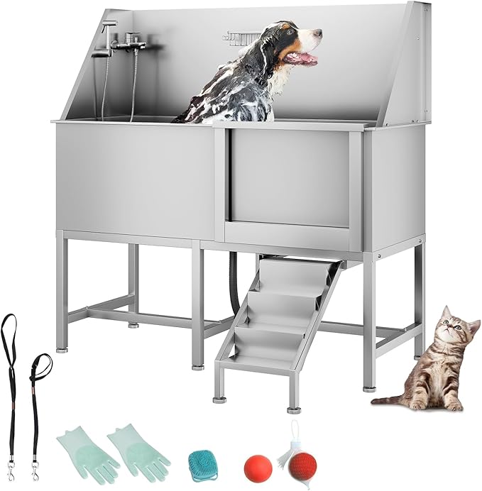 62" Professional Stainless Steel Dog Bathing Station, Large Dog Washing Station W/Dog Bath Brush, Washing Gloves, Floor Grate, Dog and Cat Bath Tub, Dog Washing Sink (62 Inch Left Door)